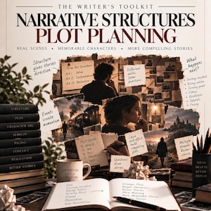 May include: A poster titled Writer's Gym: The Writer's Toolkit Narrative Structures Plot Planning. It features a collage of writing-related imagery, including a notebook with handwritten notes, a mug labeled Discipline Fuels Freedom, and stacks of books.