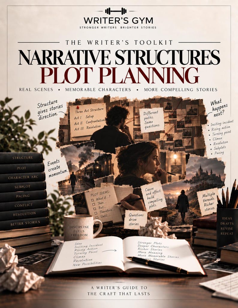 K&ouml;nnte beinhalten: Ein Poster mit dem Titel Writer's Gym: The Writer's Toolkit Narrative Structures Plot Planning. Es zeigt eine Collage aus schreibbezogenen Bildern, darunter ein Notizbuch mit handschriftlichen Notizen, eine Tasse mit der Aufschrift Discipline Fuels Freedom und B&uuml;cherstapel.