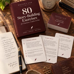 May include: A Writer's Gym box set titled 80 Story-Building Exercises for Character, Conflict & Plot, featuring a deck of cards, a notebook with handwritten ideas, a fountain pen, a pencil sharpener, and a mug on a wooden surface.
