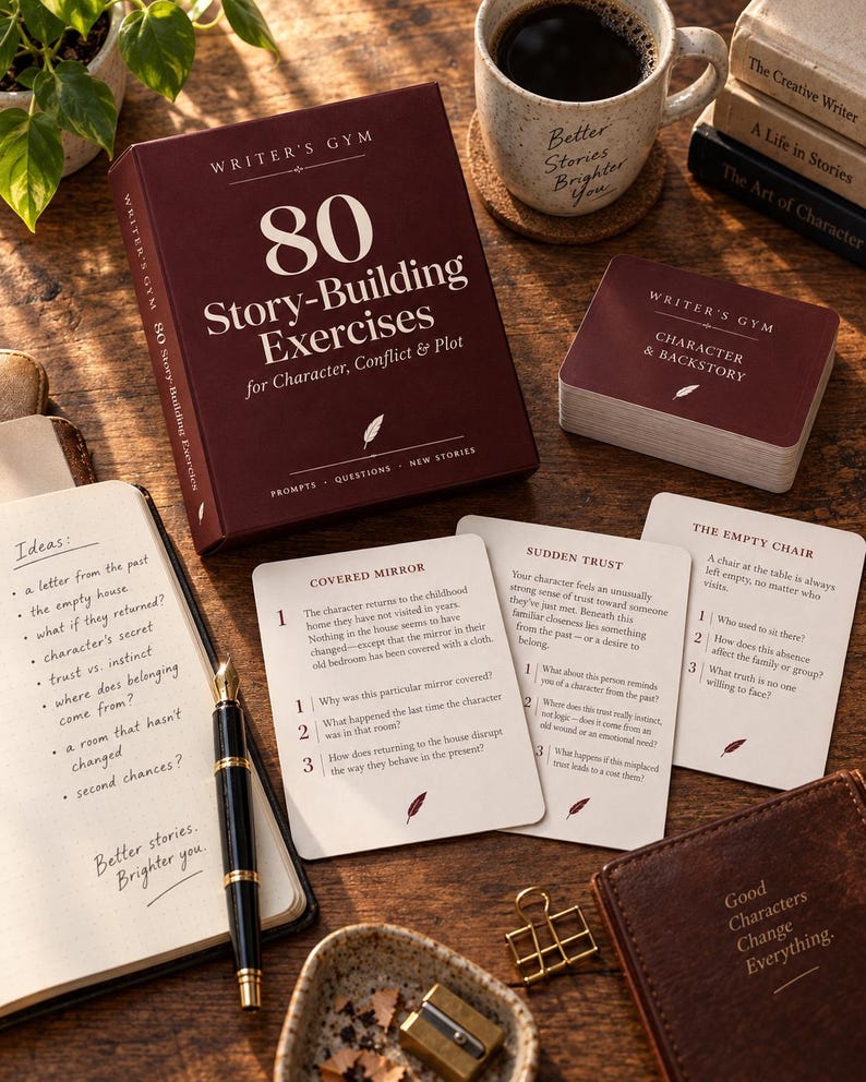 May include: A Writer's Gym box set titled 80 Story-Building Exercises for Character, Conflict & Plot, featuring a deck of cards, a notebook with handwritten ideas, a fountain pen, a pencil sharpener, and a mug on a wooden surface.