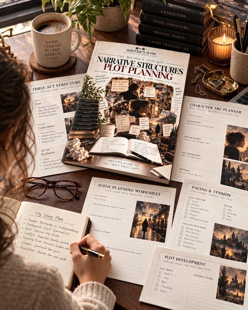 K&ouml;nnte beinhalten: Ein Writer's Gym Narrative Structures Plot Planning Toolkit mit einem zentralen Handbuch, einem Three Act Structure Blatt, einem Character Arc Planner, einem Scene Planning Worksheet, einem Pacing and Tension Leitfaden und einem Plot Development Arbeitsblatt.