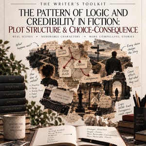 Puede incluir: Un póster de herramientas Writer's Gym titulado The Pattern of Logic and Credibility in Fiction. Presenta un collage de imágenes literarias, incluyendo una máquina de escribir, un reloj de arena y una pieza de ajedrez, junto a un cuaderno abierto.