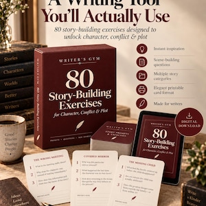 May include: A Writer's Gym product set featuring a maroon box titled 80 Story-Building Exercises for Character, Conflict & Plot, a stack of prompt cards, a digital tablet display, and three individual cards titled The Wrong Meeting, Covered Mirror, and The Missing Child.