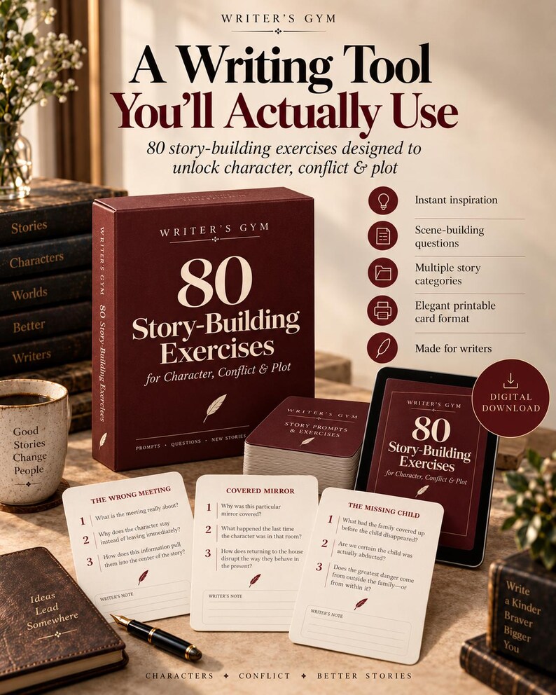 May include: A Writer's Gym product set featuring a maroon box titled 80 Story-Building Exercises for Character, Conflict & Plot, a stack of prompt cards, a digital tablet display, and three individual cards titled The Wrong Meeting, Covered Mirror, and The Missing Child.