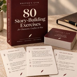 May include: A maroon box titled Writer's Gym 80 Story-Building Exercises for Character, Conflict & Plot, accompanied by a deck of cards and three individual cards displaying prompts titled Sudden Trust, Covered Mirror, and The Empty House.