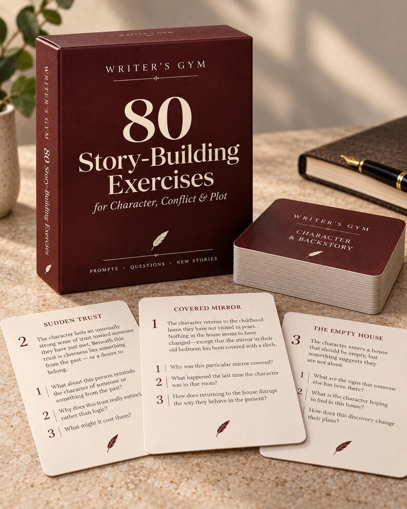 May include: A maroon box titled Writer's Gym 80 Story-Building Exercises for Character, Conflict & Plot, accompanied by a deck of cards and three individual cards displaying prompts titled Sudden Trust, Covered Mirror, and The Empty House.