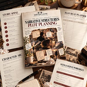 K&ouml;nnte beinhalten: Ein Writer's Gym Toolkit mit einem zentralen Buch mit dem Titel Narrative Structures Plot Planning, umgeben von gedruckten Arbeitsbl&auml;ttern wie Story Spine, Plot Beat Planner, Character Arc und Scene & Sequel sowie einem schwarzen Stift.