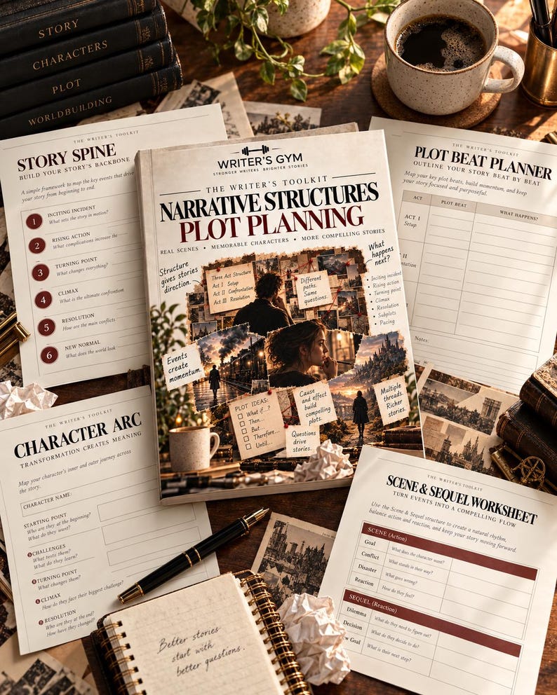 K&ouml;nnte beinhalten: Ein Writer's Gym Toolkit mit einem zentralen Buch mit dem Titel Narrative Structures Plot Planning, umgeben von gedruckten Arbeitsbl&auml;ttern wie Story Spine, Plot Beat Planner, Character Arc und Scene & Sequel sowie einem schwarzen Stift.