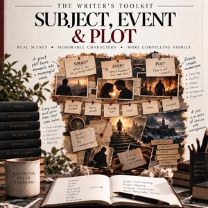 May include: A Writer's Gym toolkit poster titled Subject, Event & Plot. It features a central collage of story elements, notes, and images connected by red string. An open book with handwritten text and a pen sits in the foreground, with a mug labelled Discipline Fuels Freedom and a stack of books nearby.