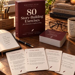 May include: A Writer's Gym box set titled 80 Story-Building Exercises for Character, Conflict & Plot, featuring a deck of cards, a fountain pen, and an open notebook with the text Good characters make a brighter world on a wooden surface.