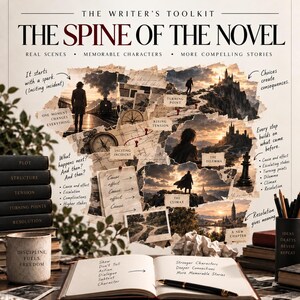 Op de afbeelding: Een poster getiteld The Spine of the Novel met een collage van fantasielandschappen, een kompas en handgeschreven notities. Daaronder toont een open notitieboek schrijftips naast een mok met de tekst Discipline Fuels Freedom en een pen.