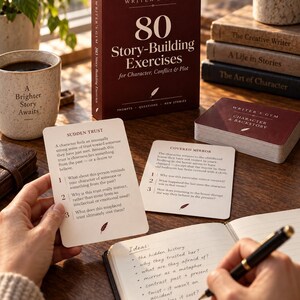 May include: A Writer's Gym card deck box titled 80 Story-Building Exercises for Character, Conflict & Plot, with two individual prompt cards titled Sudden Trust and Covered Mirror, and an open notebook with handwritten ideas and a black pen.