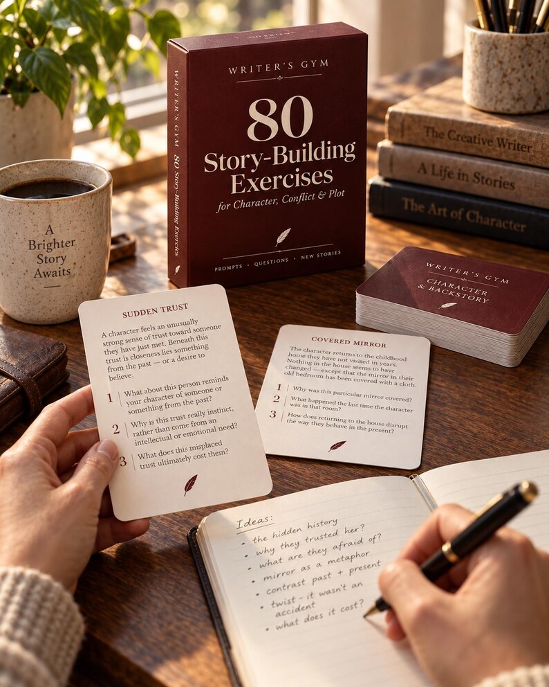 May include: A Writer's Gym card deck box titled 80 Story-Building Exercises for Character, Conflict & Plot, with two individual prompt cards titled Sudden Trust and Covered Mirror, and an open notebook with handwritten ideas and a black pen.