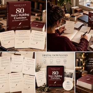 May include: A Writer's Gym box set containing 80 story-building exercises for character, conflict, and plot. The set includes a maroon box with white text, a stack of cards with writing prompts, and a digital download option for home printing.