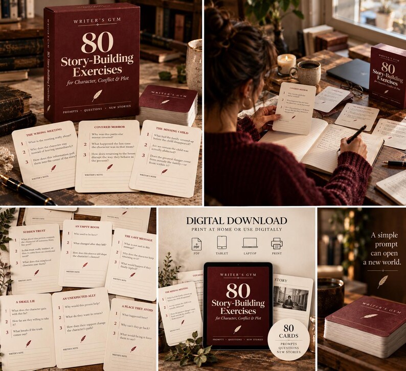 May include: A Writer's Gym box set containing 80 story-building exercises for character, conflict, and plot. The set includes a maroon box with white text, a stack of cards with writing prompts, and a digital download option for home printing.
