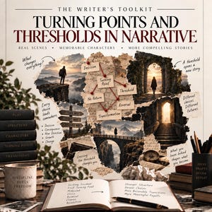 Könnte beinhalten: Ein Poster mit dem Titel The Writer's Toolkit: Turning Points and Thresholds in Narrative. Es zeigt eine Collage aus Landschaftsbildern, handschriftlichen Notizen und einem zentralen Diagramm, das Begriffe wie Decision, Turning Point und Transformation verbindet.