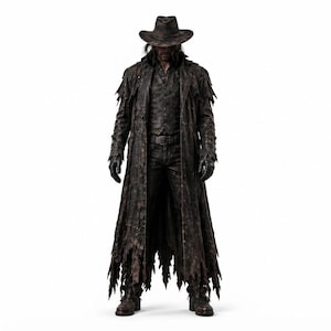 Può includere: Un cappotto duster lungo fino ai piedi, di colore marrone scuro e dall'aspetto vissuto, con orlo sfrangiato, indossato sopra un gilet abbinato e pantaloni scuri. L'abbigliamento include un cappello da cowboy a tesa larga, guanti e stivali.