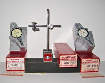 Vintage L.S.Starrett Magnetic Base Indicator Holder 657AA, Dial Indicators 25-441J and 25-441