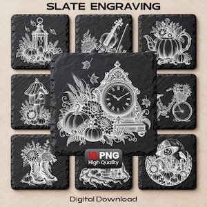 May include: A collection of nine square black slate coasters featuring white line art engravings of autumn themes including a clock, lantern, violin, teapot, birdhouse, bicycle, boots, tree roots, and a scarecrow, with the text SLATE ENGRAVING 10 PNG.