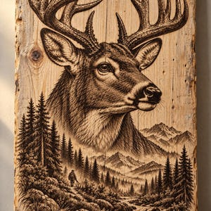 Peut inclure: Une pièce de bois rectangulaire de couleur claire présentant une illustration détaillée gravée au laser en brun foncé représentant une grande tête de cerf avec des bois au-dessus d'un paysage de montagne avec des pins, une silhouette et un ruisseau.