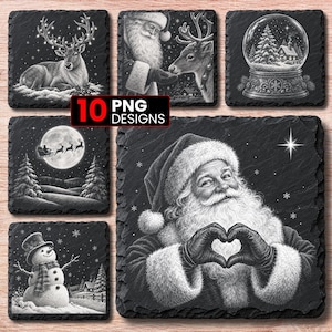 May include: A collection of square slate coasters featuring black and white Christmas illustrations, including a reindeer, Santa Claus, a snow globe, a sleigh flying past a full moon, and a snowman, with a central label stating 10 PNG DESIGNS.