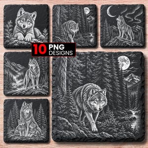 May include: A collection of ten square slate coasters featuring detailed black and white illustrations of wolves in forest, mountain, and night landscapes. The designs include wolves in various poses, such as standing, walking, and sitting with pups, set against backgrounds of pine trees, full moons, and northern lights.