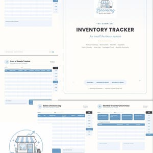May include: A digital inventory tracker planner for small business owners featuring a cover page with the Booming Businesses logo, plus templates for supplier tracking, cost of goods, sales and restock logs, and monthly inventory summaries in blue.