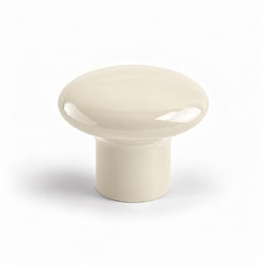 May include: A solid cream-colored cabinet knob with a smooth, glossy finish. The knob features a wide, rounded top that tapers down into a cylindrical base, creating a simple, functional shape for furniture hardware or cabinetry applications.