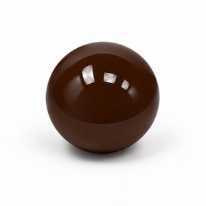 May include: A smooth, solid dark brown sphere with a glossy, reflective surface. The object is perfectly round and features bright white light reflections on its upper portion, indicating a polished finish and a uniform, deep brown color throughout.