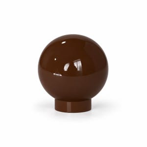 May include: A solid dark brown spherical knob with a smooth, glossy finish. The object features a perfectly round top section attached to a smaller, cylindrical base, creating a uniform and reflective surface throughout the entire piece.