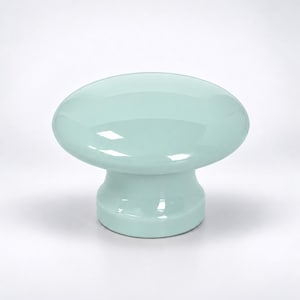 May include: A smooth, glossy, light mint green cabinet knob with a rounded, mushroom-shaped top and a cylindrical base. The surface of the knob is reflective, showing subtle highlights from the light source on its curved, polished finish.