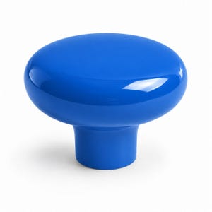 May include: A bright blue cabinet knob with a smooth, glossy finish. The knob features a wide, rounded top surface that tapers down into a cylindrical base, creating a mushroom-like shape. The surface reflects light, highlighting its polished texture.