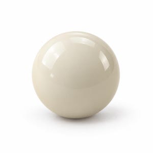 May include: A smooth, solid, off-white sphere with a glossy, reflective finish. The object is perfectly round and uniform in color, featuring a clean, polished surface that catches light, creating a bright highlight on its upper curved section.