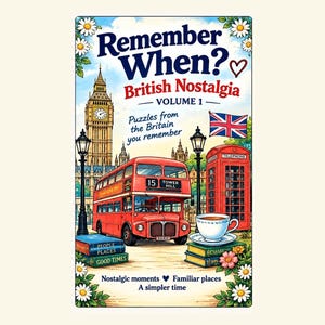 May include: A rectangular puzzle box titled Remember When? British Nostalgia Volume 1. The illustration features Big Ben, a red double-decker bus, a red telephone booth, a teacup, and books labelled People Places and Good Times, framed by daisies.
