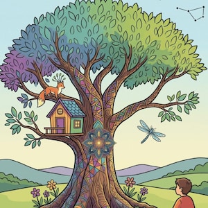Può includere: Una copertina di un libro da colorare con un grande albero dal tronco decorato, una piccola casa, una volpe e una libellula. Il testo recita IL TUO MOMENTO DI MAGIA UN VIAGGIO A COLORI e 20 pagine da colorare. Una figura siede su una roccia.