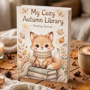 Può includere: Un diario di lettura con copertina rigida intitolato My Cozy Autumn Library con un'illustrazione centrale di una piccola volpe con una sciarpa in maglia, seduta su una pila di libri, circondata da foglie autunnali, ghiande ed elementi botanici.
