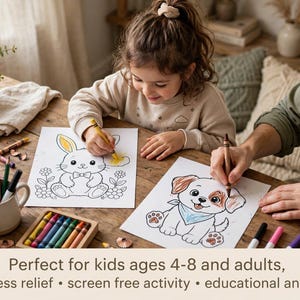 May include: Two white sheets of paper featuring black line art illustrations of a bunny and a puppy, being colored with crayons. The text on the image reads: Perfect for kids ages 4-8 and adults, stress relief, screen free activity, educational and fun.