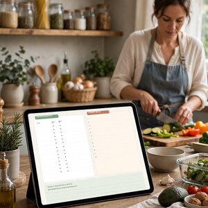 Può includere: Un tablet digitale che mostra un modello di pianificazione dei pasti con sezioni etichettate Pantry Inventory, Favorite Meals e Weekly Reflection & Notes. Lo schermo presenta uno sfondo bianco con intestazioni verdi e arancioni.