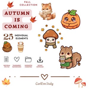 Può includere: Un set di adesivi digitali con 25 illustrazioni a tema autunnale, tra cui una volpe che legge, una zucca sorridente, un fungo con sciarpa e uno scoiattolo con una tazza di caffè. Il testo recita FALL COLLECTION, AUTUMN IS COMING e 25 INDIVIDUAL ELEMENTS.