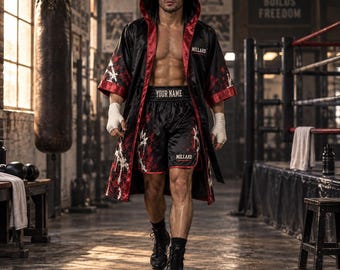 Ensemble peignoir et short de boxe personnalisés, en satin noir avec graffiti rouge, à capuche