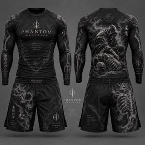 Puede incluir: Un conjunto negro de camiseta de compresión de manga larga y pantalones cortos con un gráfico de la parca, patrones esqueléticos y texto que incluye Phantom Grappler, caracteres japoneses y frases motivadoras en diseño de humo.