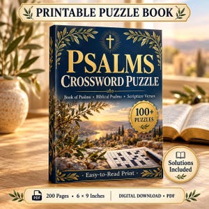 May include: A printable puzzle book titled Psalms Crossword Puzzle with a dark blue cover featuring a golden cross, olive branches, and a landscape scene. The cover text includes 100+ Puzzles, Easy-to-Read Print, and Solutions Included. It is a 200-page, 6 x 9 inch digital PDF download.