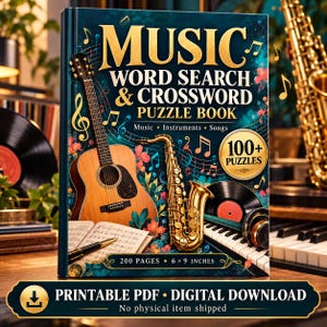 Könnte beinhalten: Ein Musik-Wortsuch- und Kreuzworträtselbuch mit einem blaugrünen Einband, der eine Gitarre, ein Saxophon, eine Schallplatte und Klaviertasten zeigt. Der Einband enthält den Text 100+ Puzzles, 200 Pages, 6 x 9 Inches und Digital Download.