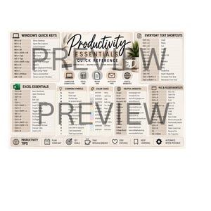 May include: A beige productivity reference guide featuring sections for Windows quick keys, everyday text shortcuts, Excel essentials, common symbols, colour codes, helpful websites, and file shortcuts, with the text Productivity Essentials.