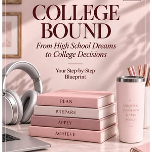 May include: A planner set titled COLLEGE BOUND From High School Dreams to College Decisions 2026 2027 with four stacked books labeled PLAN, PREPARE, APPLY, ACHIEVE, a light pink tumbler with text A BRIGHTER TOMORROW STARTS TODAY, headphones, and a laptop.