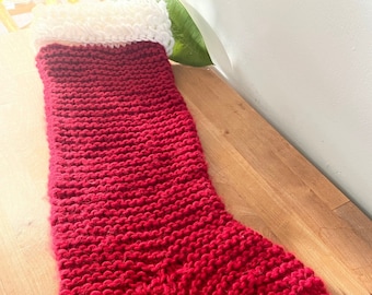 Large Vintage Handmade Stocking/OOAK Hand Knitted Red and White Christmas Stocking