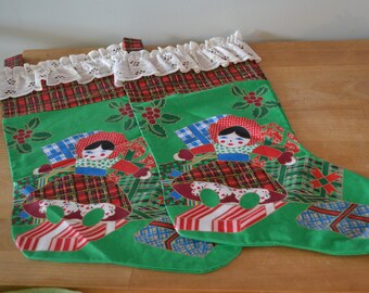 Set of 4 Vintage Screen Printed and Hand Sewn Christmas Stockings/4 Vintage Christmas Stockings