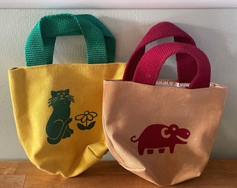 Vintage 1980s Handmade Childrens' Bags/Cat & Hippo Kids Bags by Mara/OOAK '80s Mini Canvas Bags
