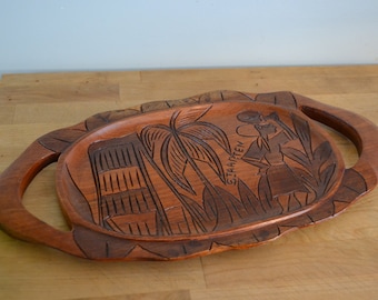 Vintage Caribbean Islands St Maarten Hand Carved Wood Tray