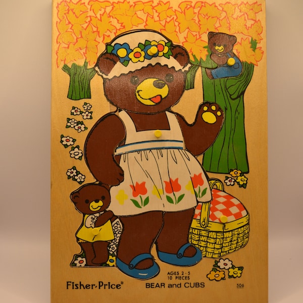 Vintage '70s Fisher Price Bear and Cubs Puzzle/Quaker Oats, Co Bear Puzzle/Picnic Bears Pick Up and Peek Puzzle
